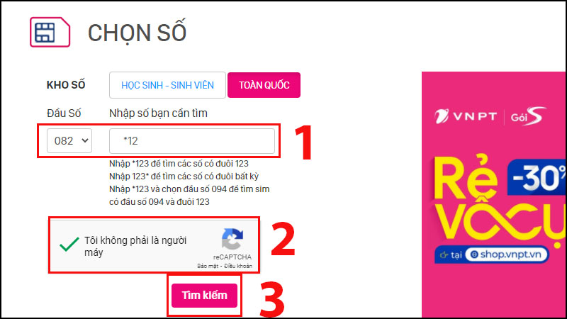 Chọn đầu số và tìm kiếm